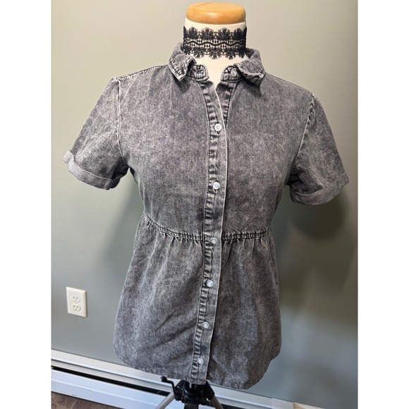 Y2K Grunge Acid Wash Denim Button Down Shirt Dress Short Sleeve Tiered Women XS - Picture 1 of 5